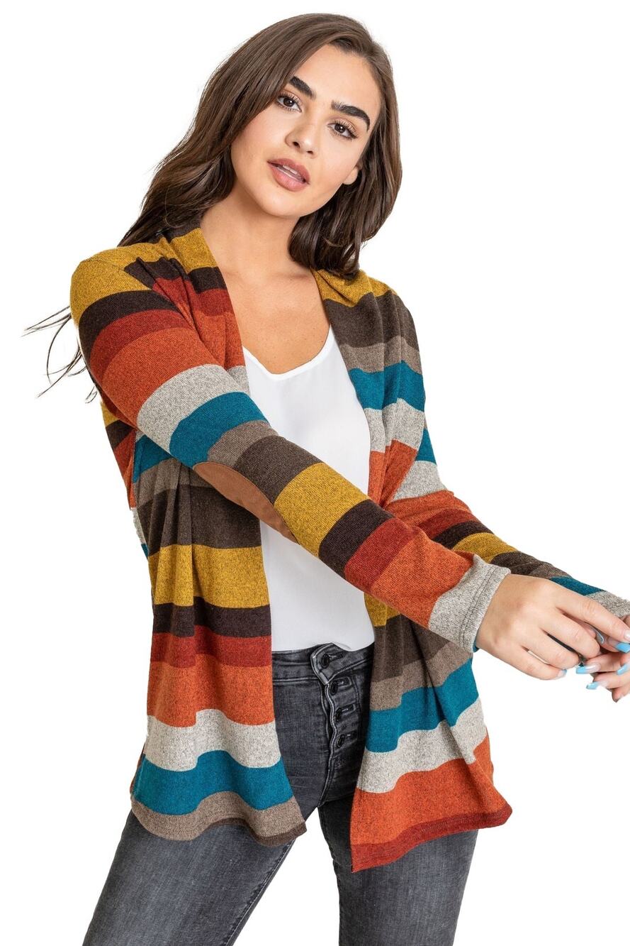 Eloges Women's Multi Color Stripe Elbow Patch Open Front Cardigan Size Small